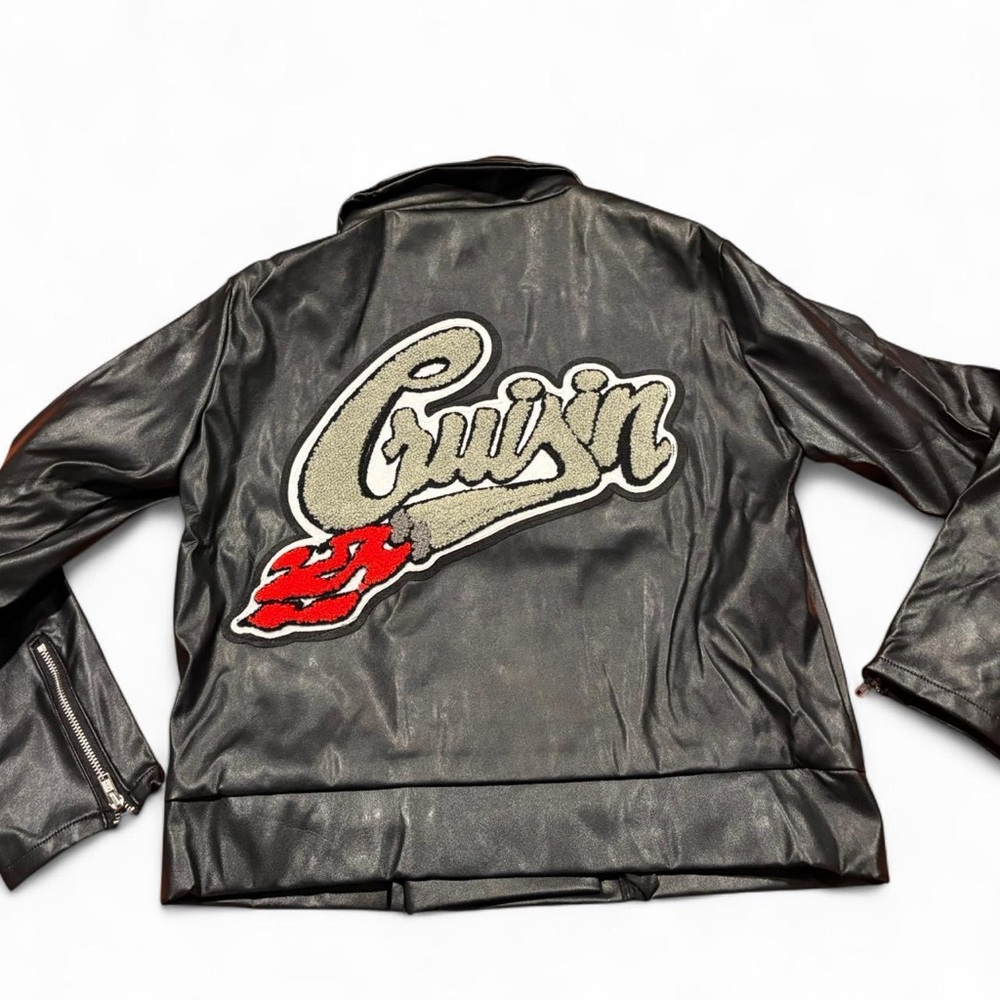Chasing Fireflies Black Faux Leather Jacket with Red and Cream Cruisin' Patch